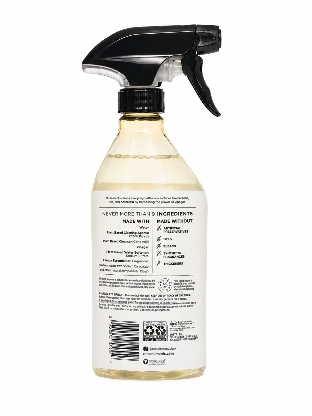 9 Elements Bathroom Cleaner Vinegar Powered Lemon Scent 18 oz Spray Bottle