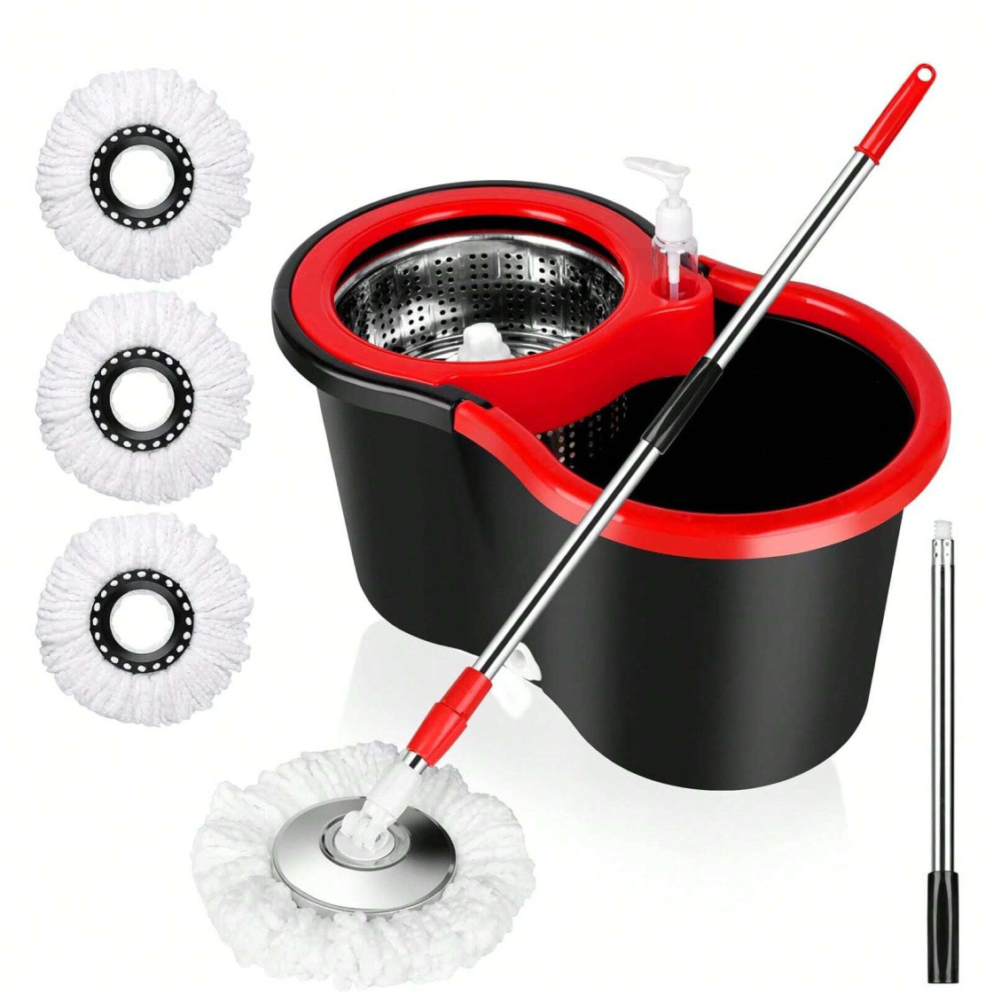 360° Spin Mop & Bucket Set w/ 3 Microfiber Heads, Stainless Steel Wringer
