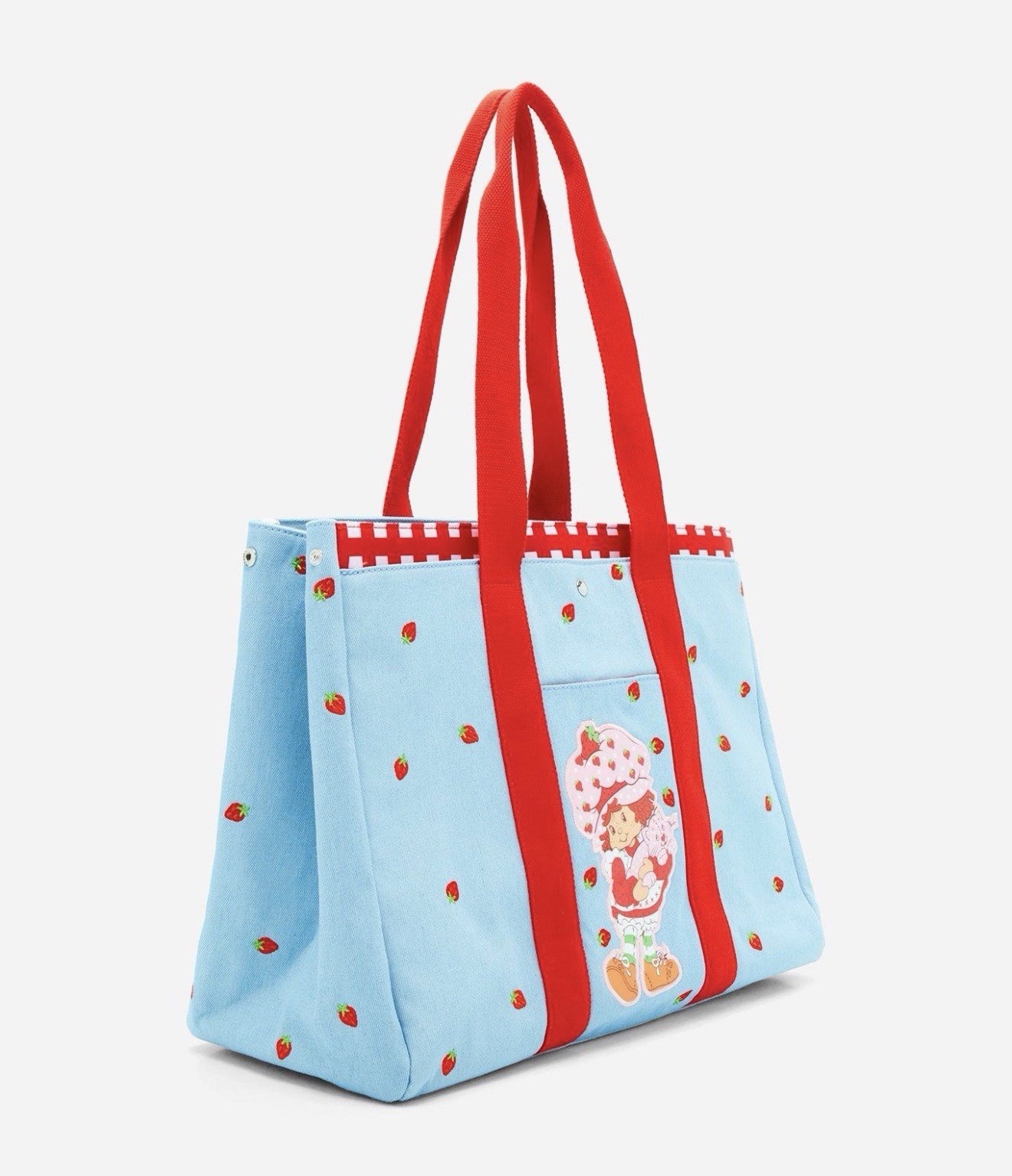Blue/Red Strawberry All-Over Print Nylon Tote Bag, Red Handles, 12x12x12