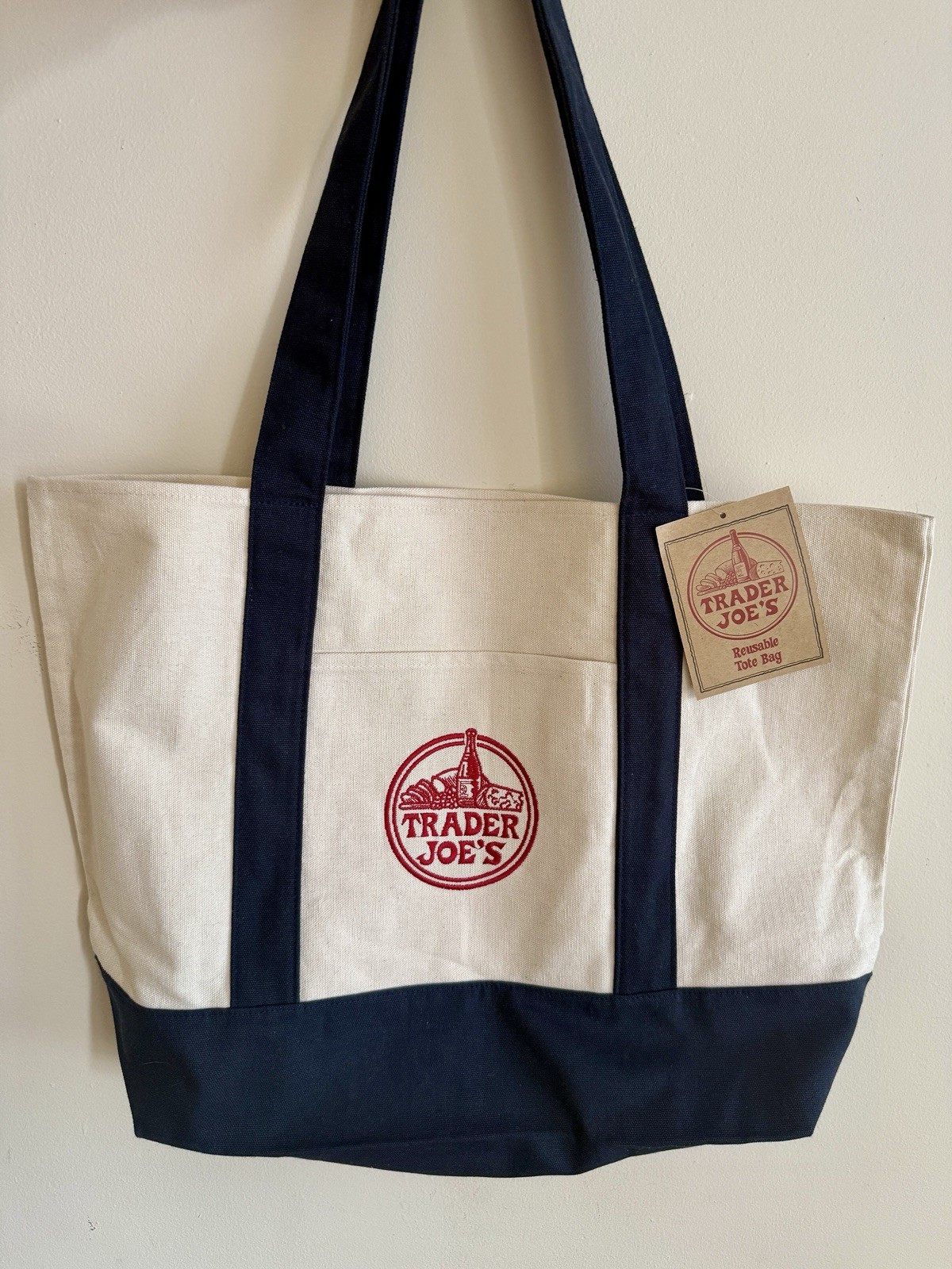Trader Joe’s Canvas Reusable Tote Bag Beige & Blue 24 in L x 20 in W x 14 in H