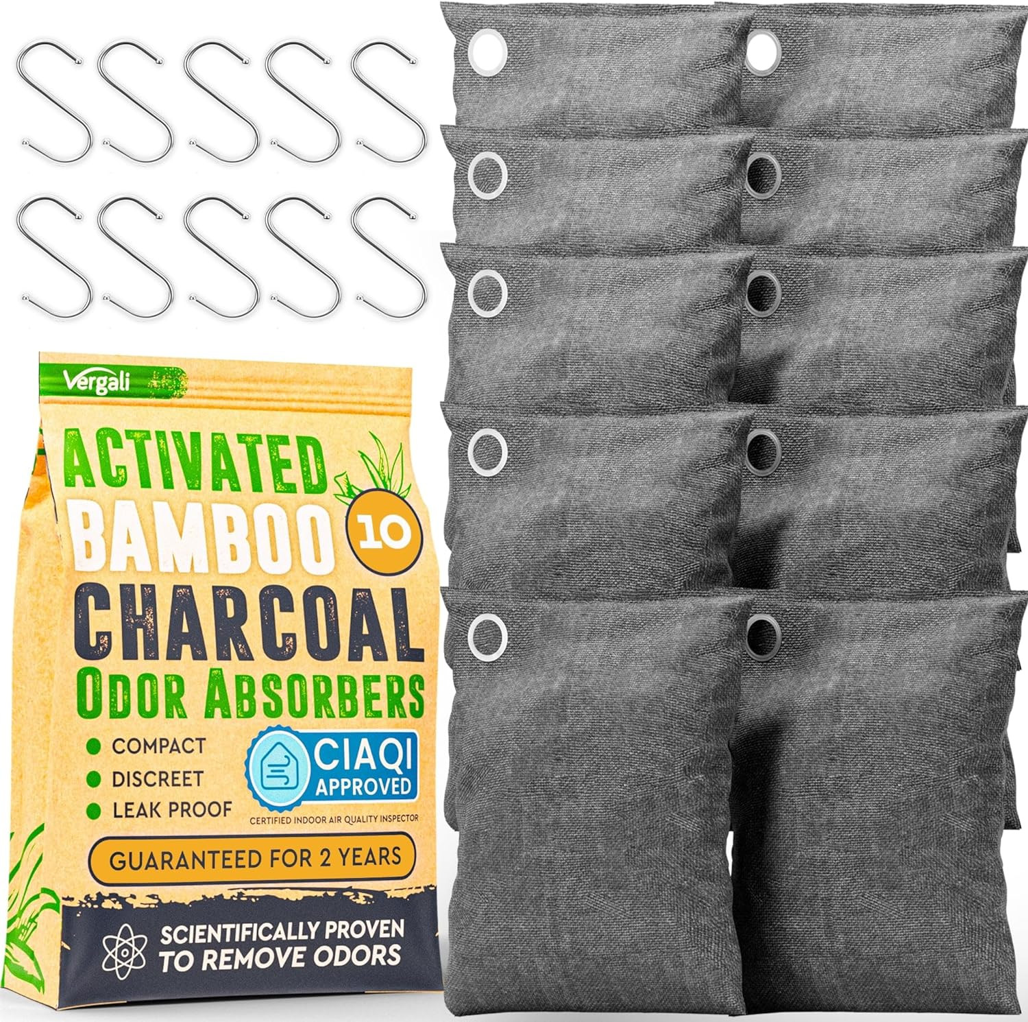 10X3.5Oz Activated Charcoal Odor Absorber w/ Hooks- Nature Fresh Bamboo Charcoal