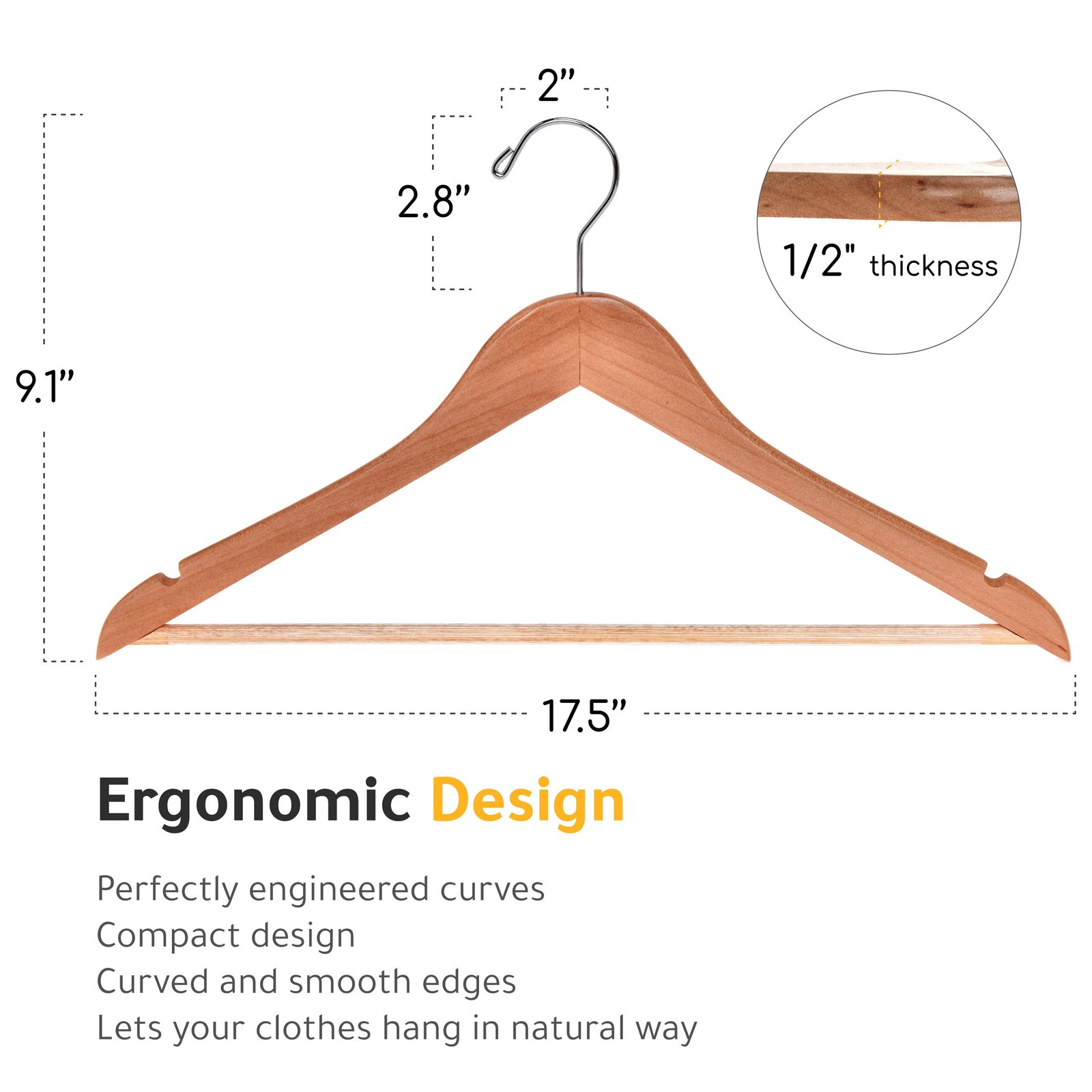 Quality Wooden Hangers – Slightly Curved Hanger Set – 17.5 inch, Natural