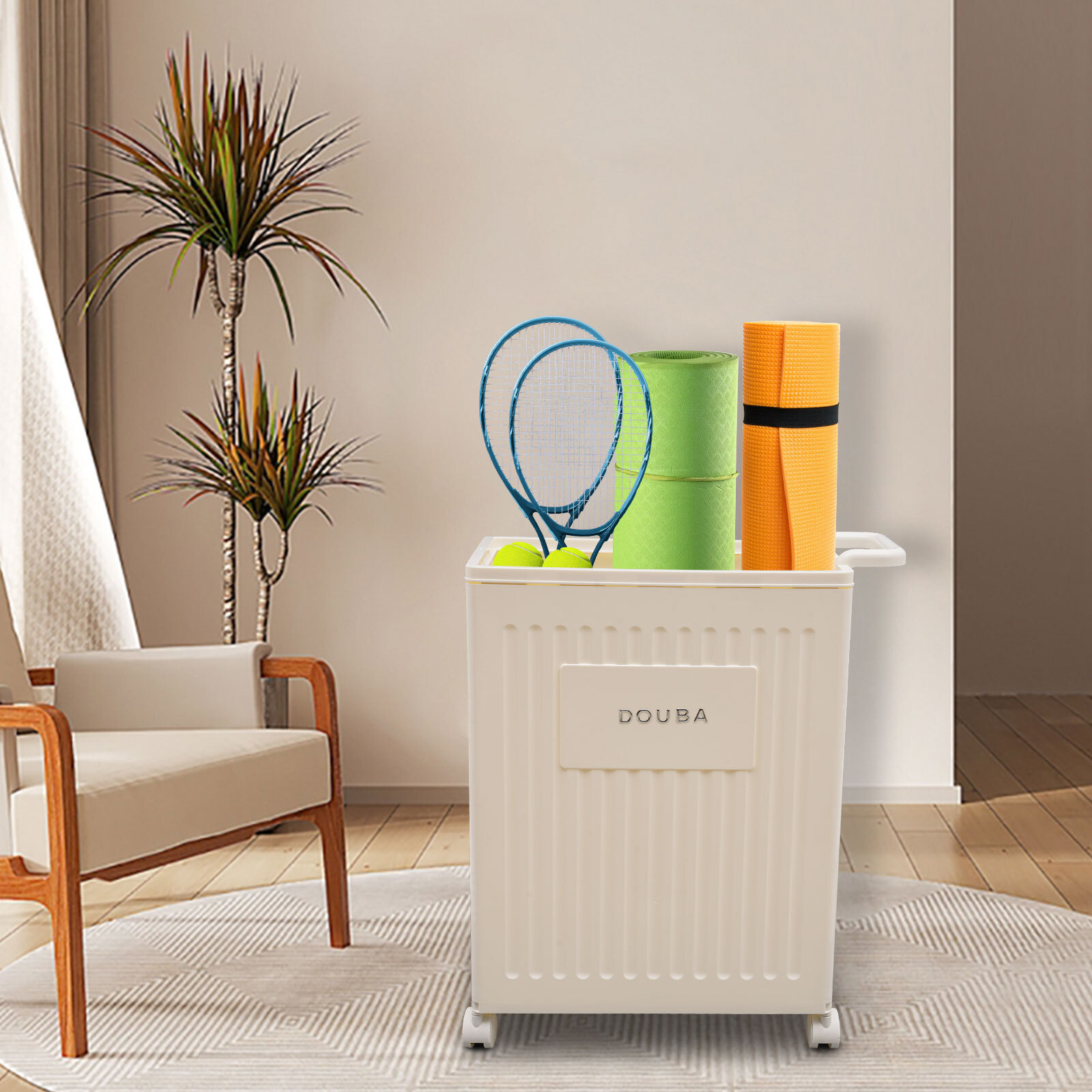 Foldable Rolling Storage Box With Lid 39 × 25 × 52.5 cm PP Cream Yellow