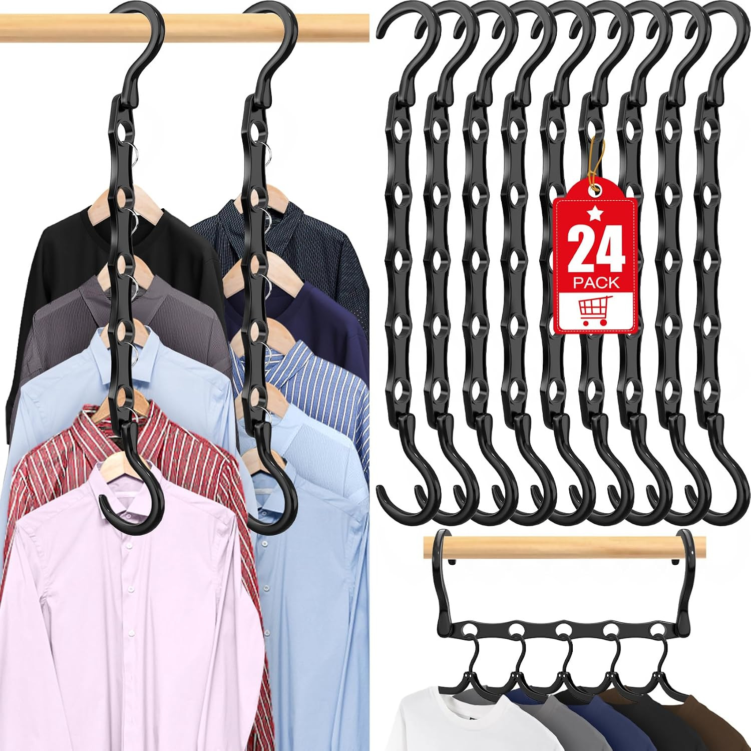 24 Pack Hangers Space Saving Magic Plastic Hanger Organizer Dark Black | Shirt S