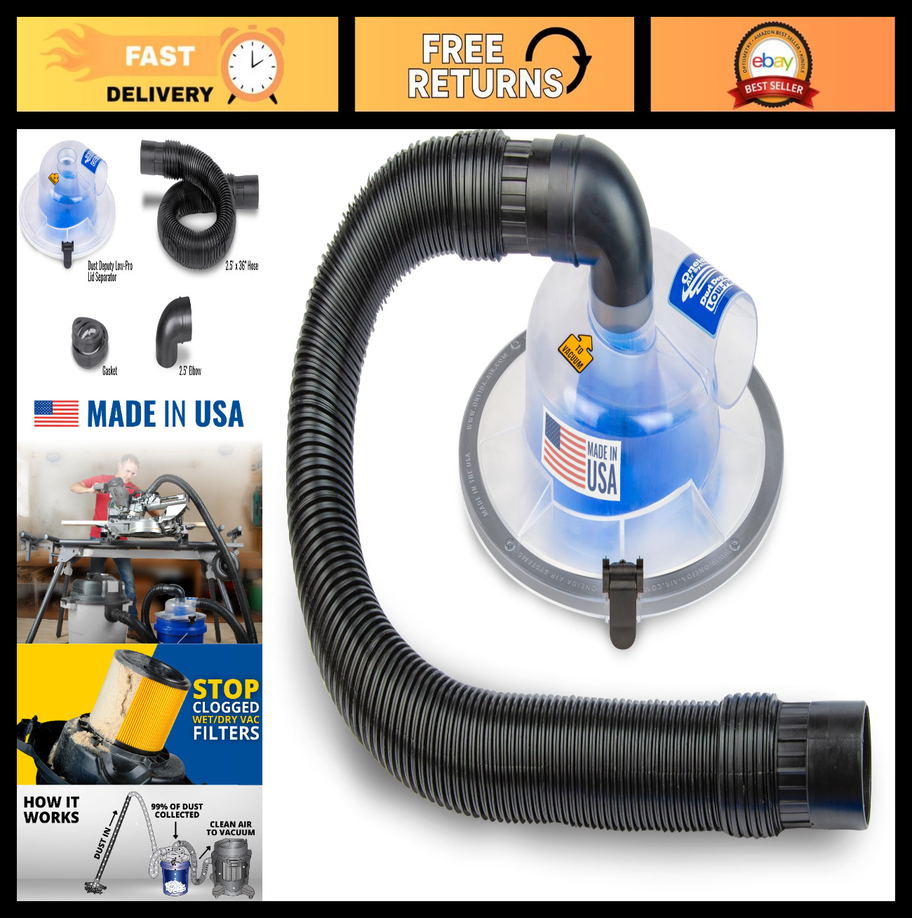 High Flow Cyclone Dust Separator Kit for 5 Gallon Buckets – Wet/Dry Vacuum Adapt