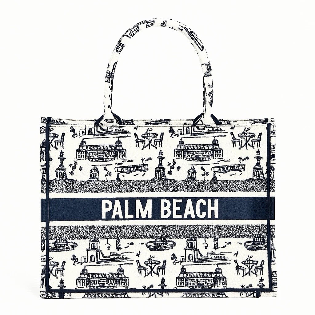 Cou Palm Beach Blue & White All-Over Tote Reusable Shopping Bag Double Handles