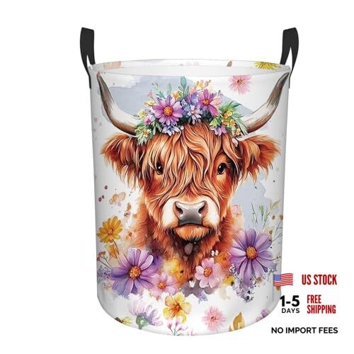 Highland Cow Laundry Basket, 43L Round Oxford Cloth Flower Highland Cattle