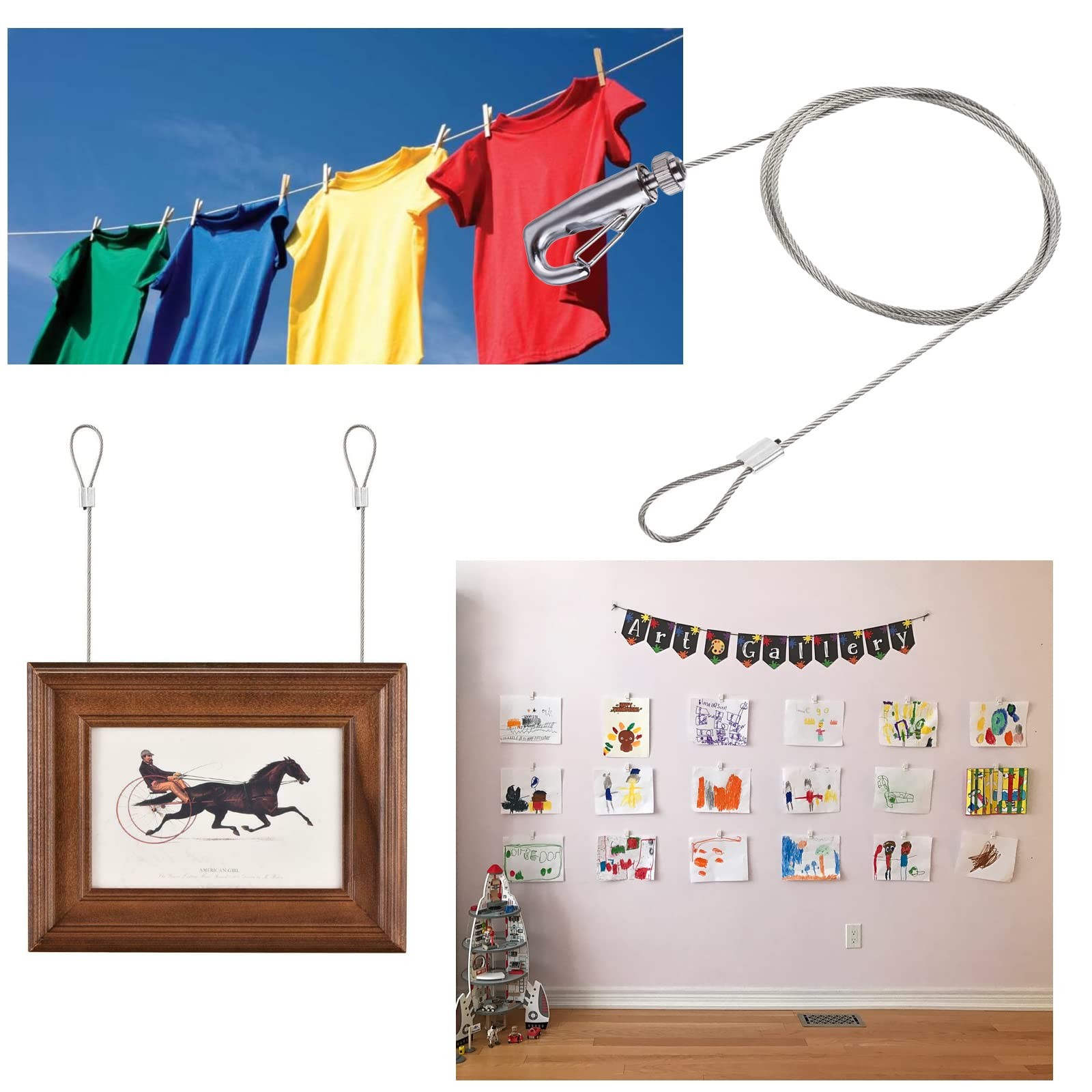 6 Pack Picture Rail Hooks And Wire Hanging System 6.5 Ft Wire Cables Adjustable