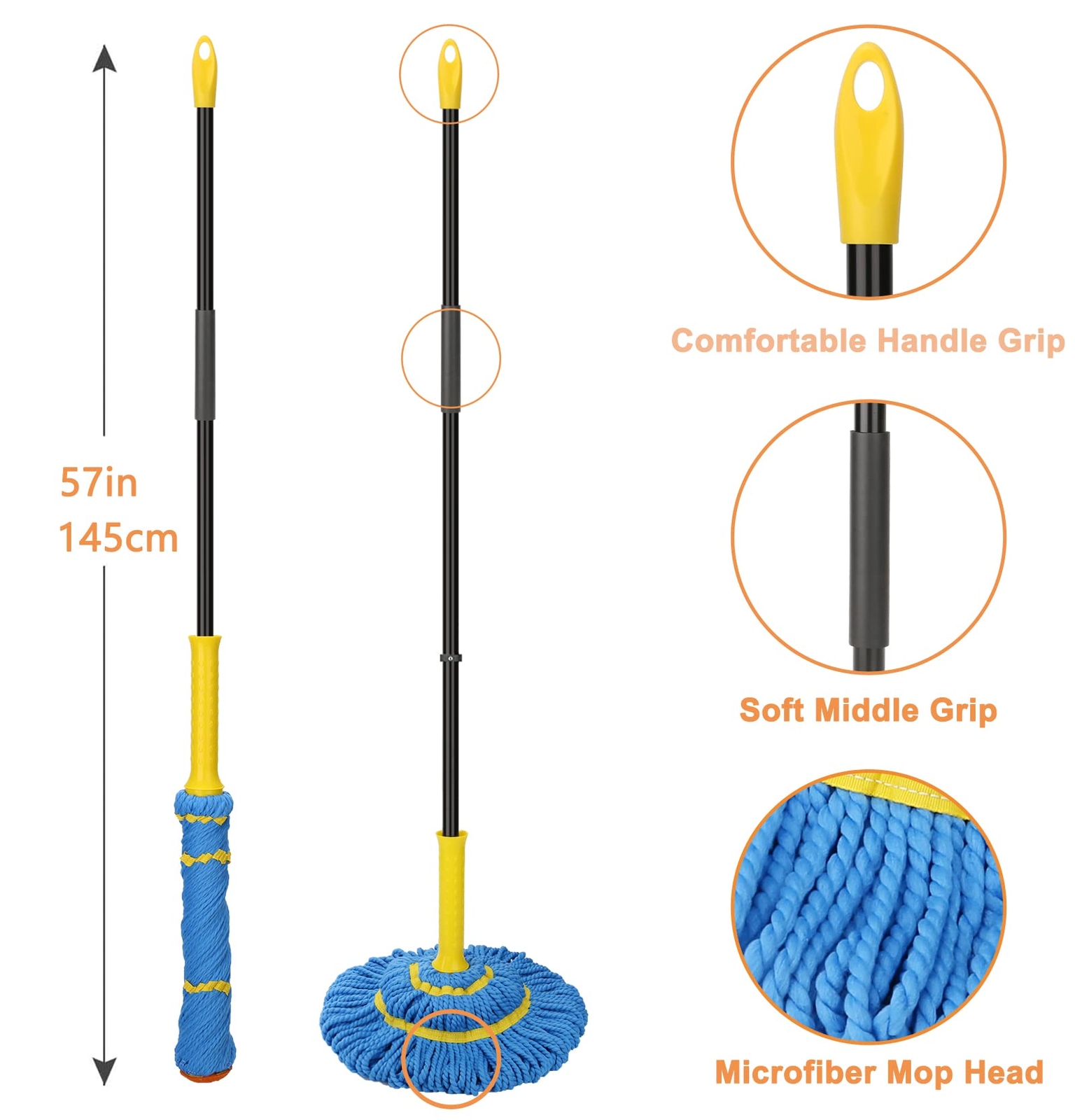 Self-Wringing Microfiber Twist Mop 57in Handle for Hardwood Household Cleaning