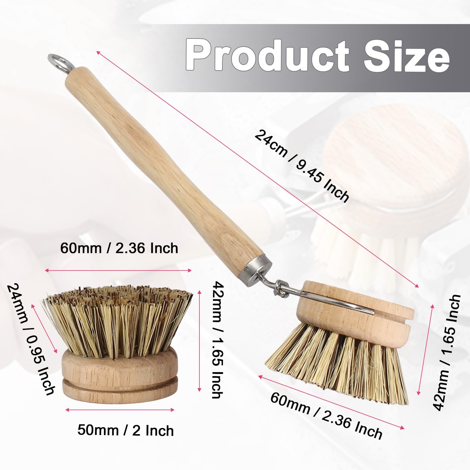 4PCS Wooden Dish Brush Set Natural Palm Bristles Wood Handle for Eco Kitchen