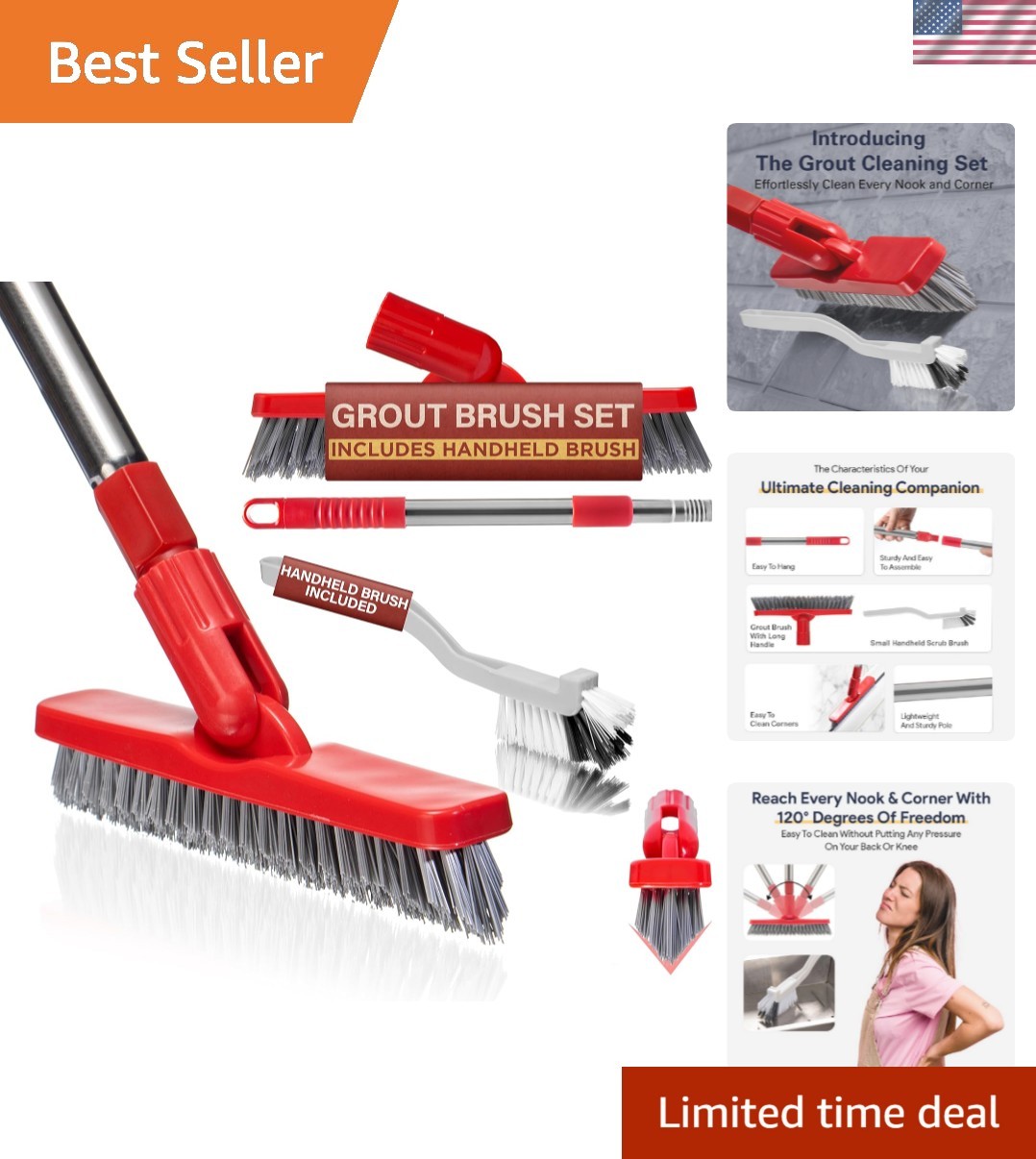 Living Grout Brush with Long Handle & Handheld Stiff Bristle Scrubber, V-Shap…