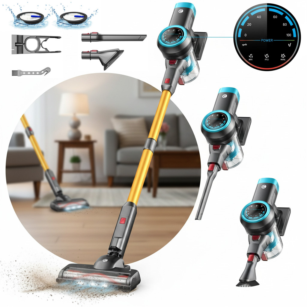 Cordless Vacuum Cleaner 65KPa 550W 75min Runtime Self-Standing Stick Floor Clean