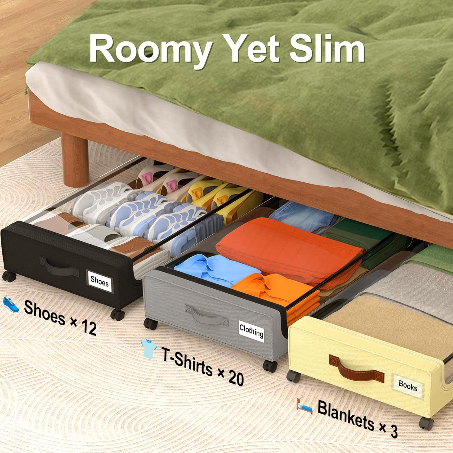 under Bed Storage with Wheels 48L Grey 2-Pack | Rolling Bins for Shoes Clothes i