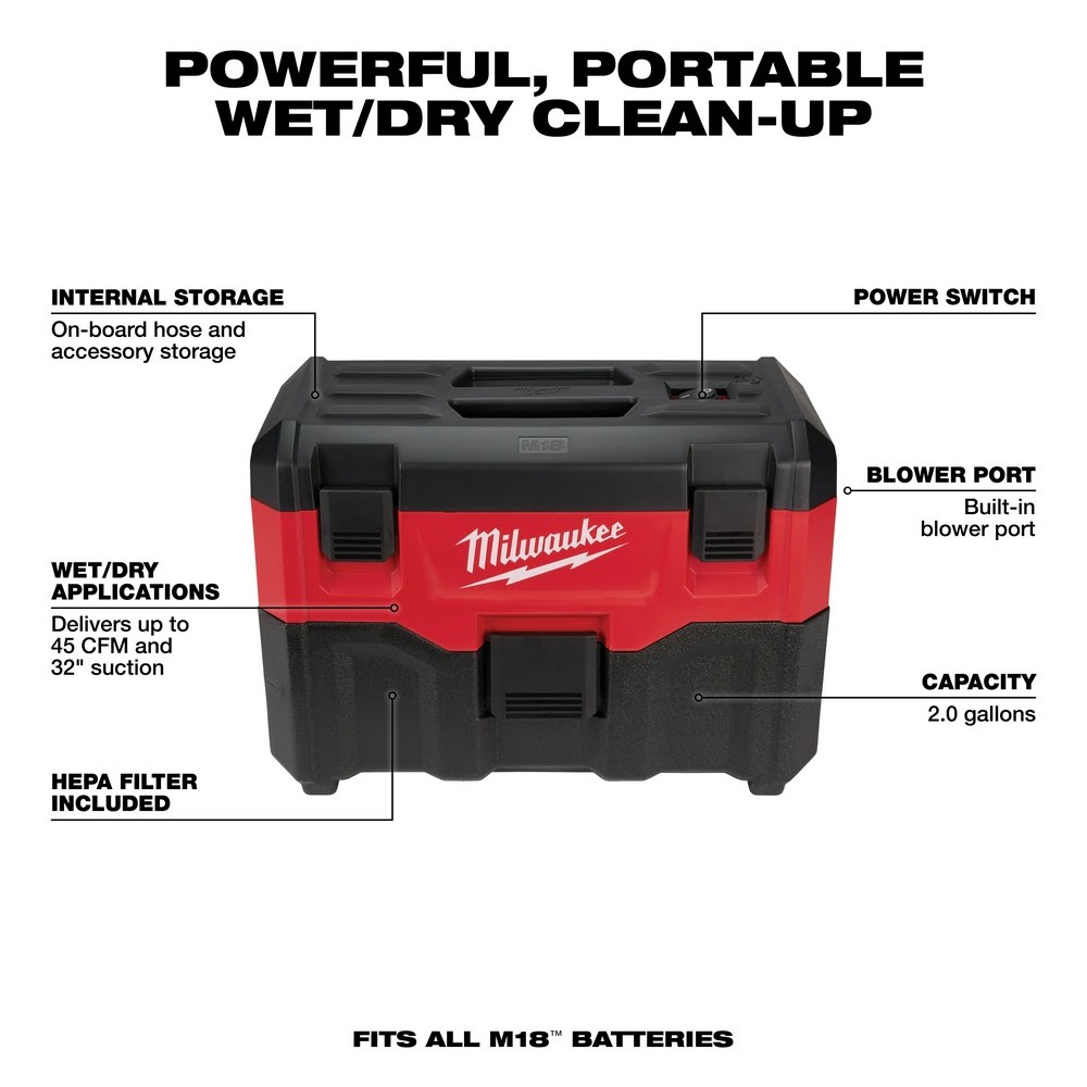 Milwaukee 0880-20 M18 2-Gallon Cordless Portable Wet/Dry Vacuum (Tool Only)