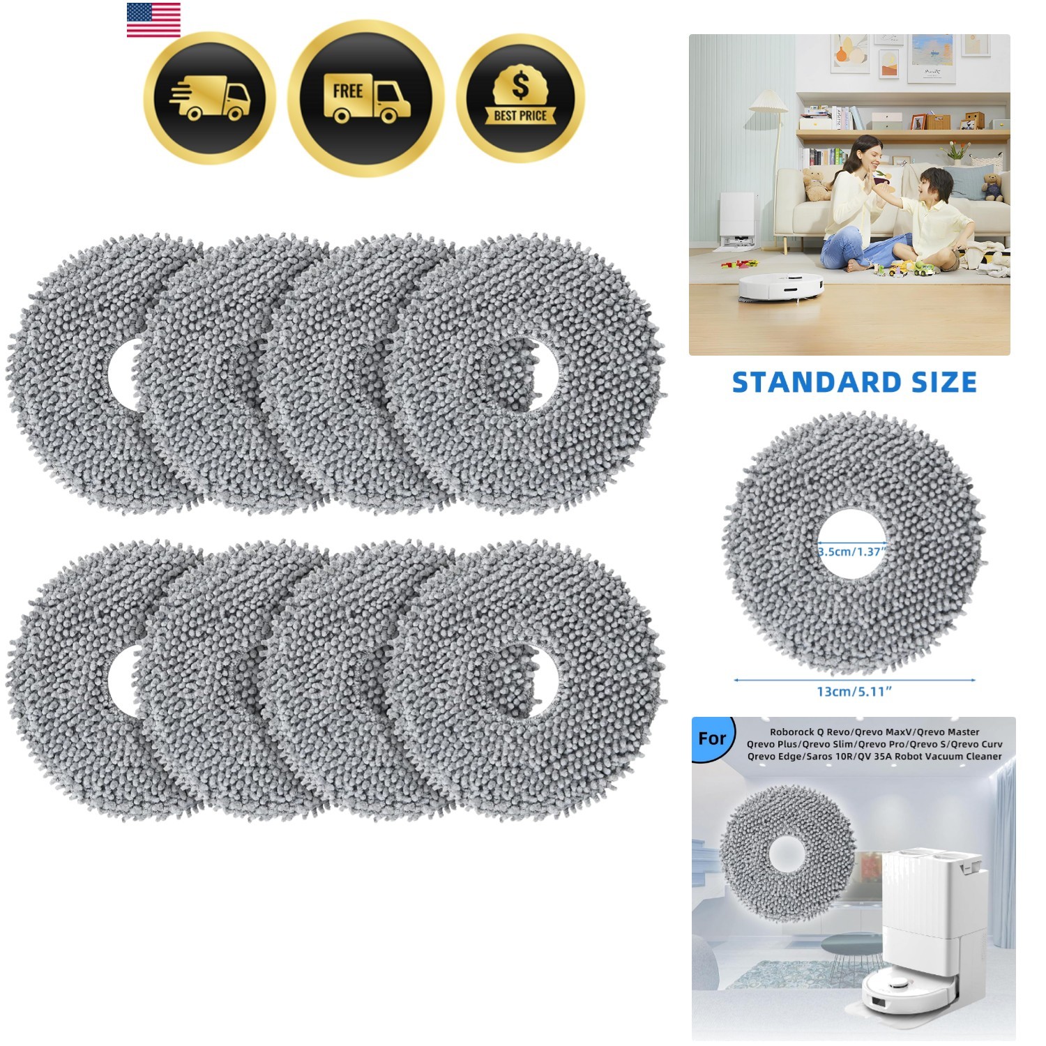 8 Pack Mop Pads for Roborock QV 35A/Saros 10R/Q Revo/Qrevo S/Qrevo Pro/Qrevo …