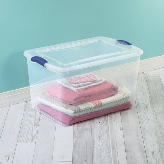 Large Storage Bin, 66 Quart Clear Plastic Storage Container with Latch Lid, Blue