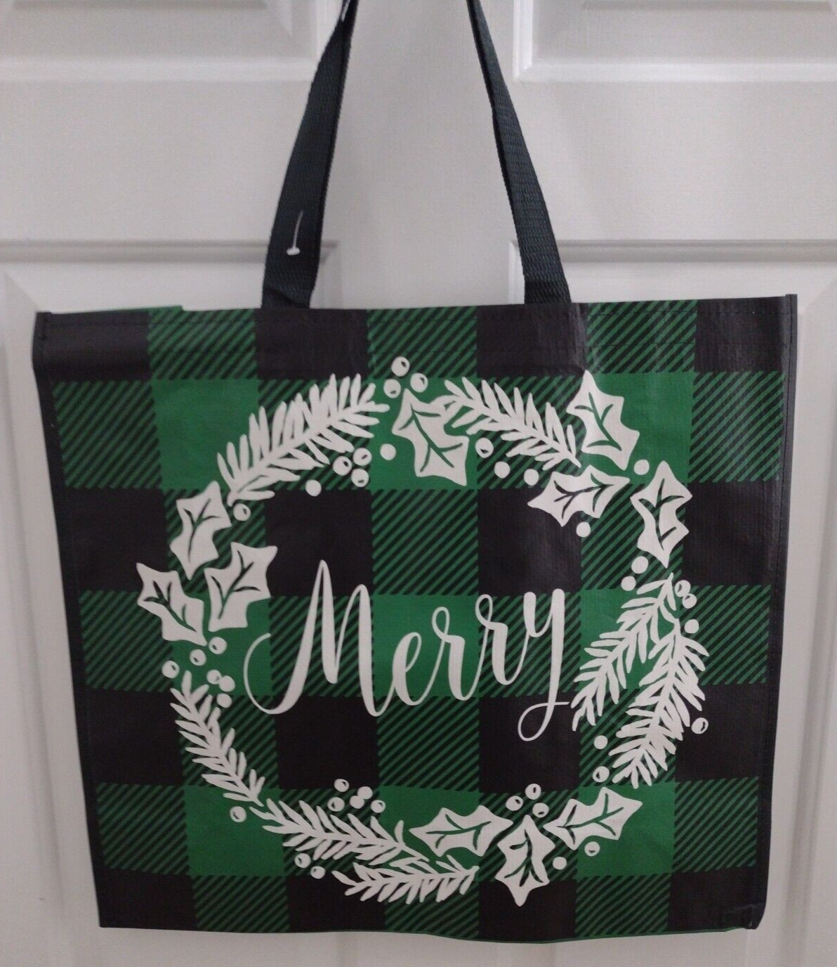 Large Reuseable Shopping Bag Green Plaid Merry Wreath Eco-Friendly tote TJ Maxx