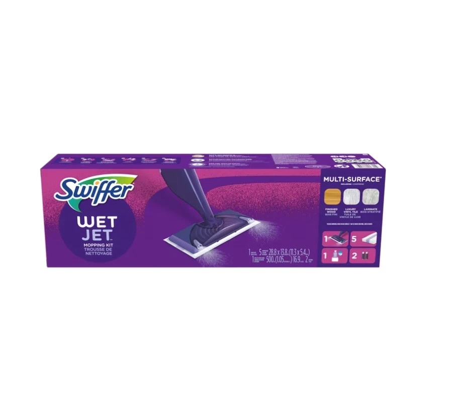 Swiffer Wet Jet with Refill, Unscented, 1 Handle + 1 Solution & 5 Pads + Battery