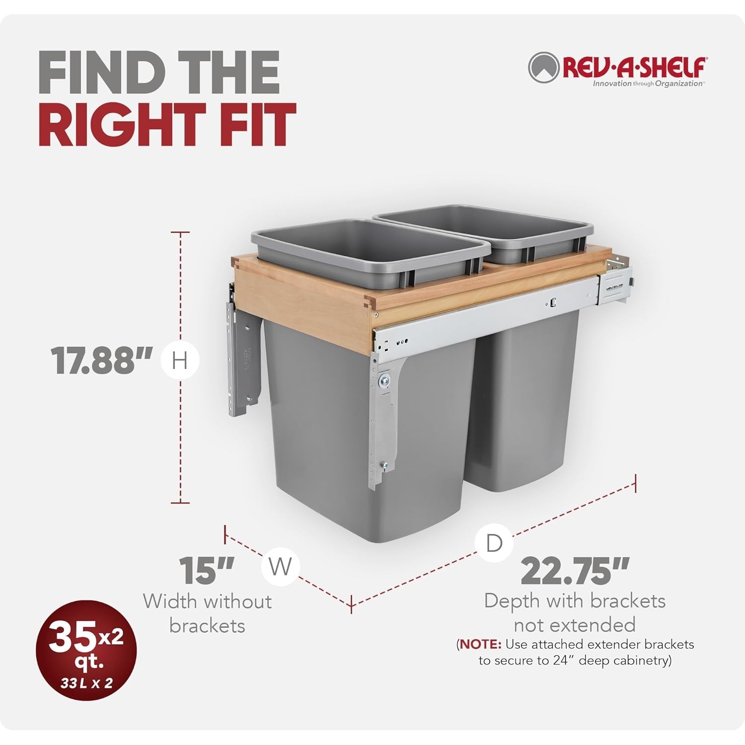 Rev-A-Shelf Pullout Top Mount Trash Can w/ Soft-close, 35 qt., 4WCTM-18BBSCDM2