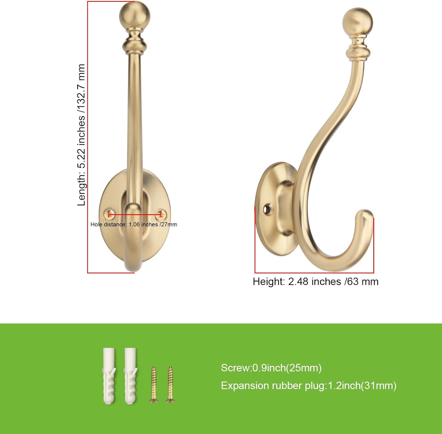 Towel Hooks Bathroom – 5 Pack Champagne Bronze Coat Hook Robe Hooks Decorative W
