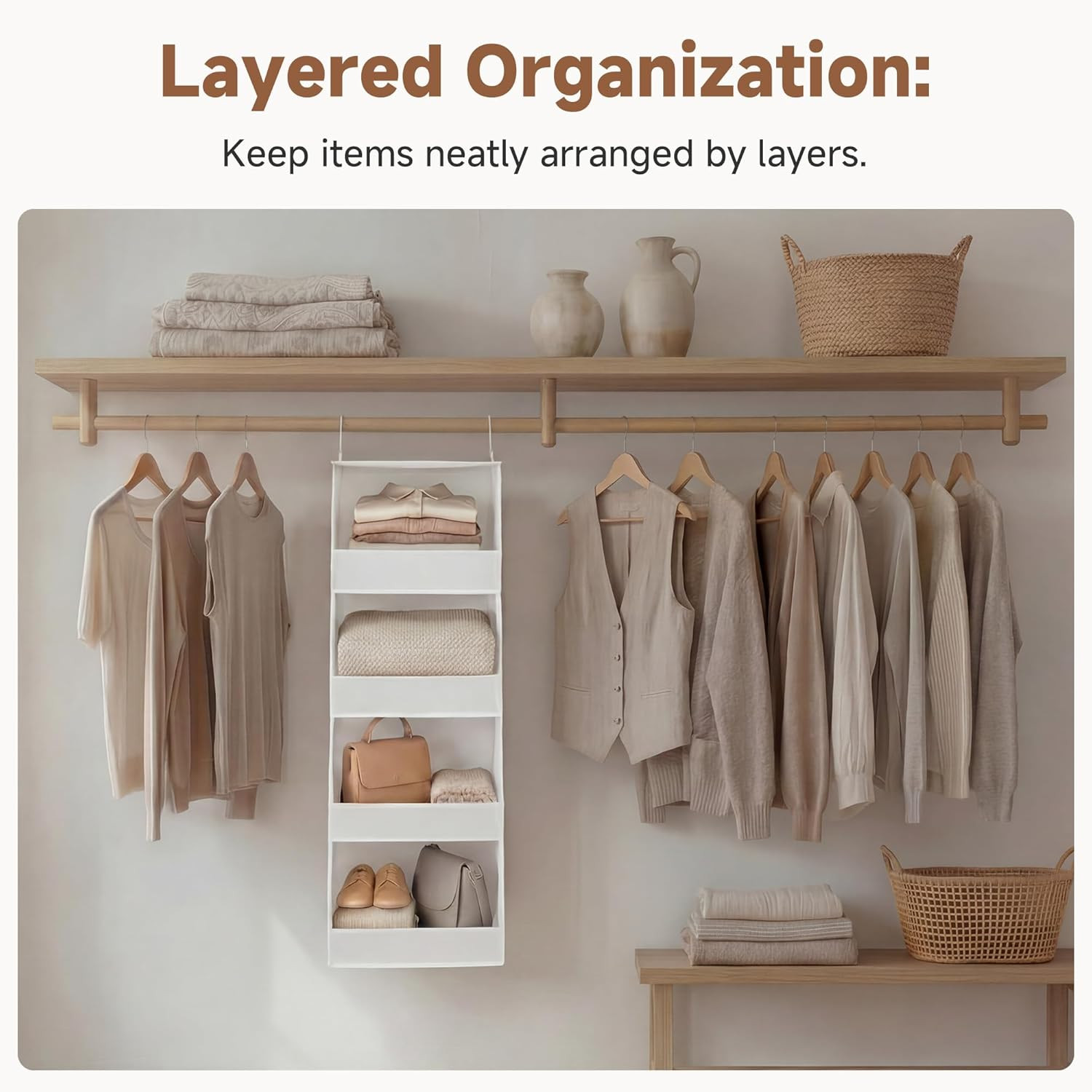 Basics Hanging Closet Organizer, 4-Shelf Wide Trapezoid Closet Shelves with Rein