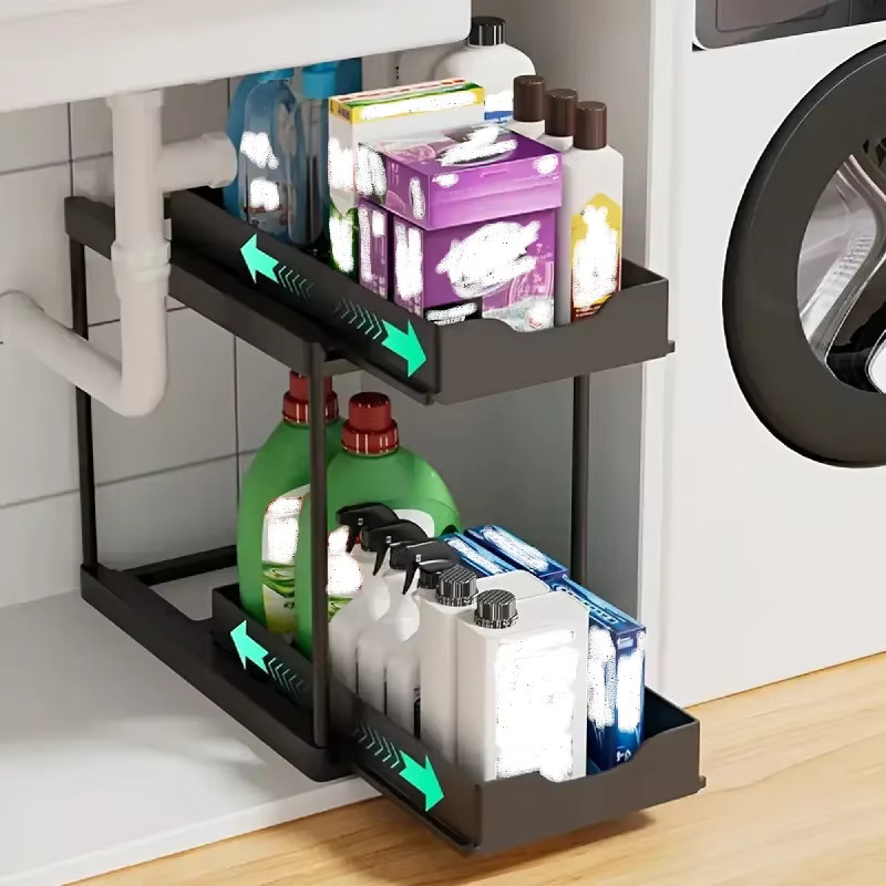 2 Tier Under Sink Organizer Storage Rack Bathroom Kitchen Sliding Shelf Cabinet