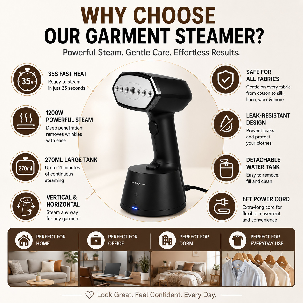 Compact Handheld Garment Steamer for Clothing. Heats Up in 30 Seconds