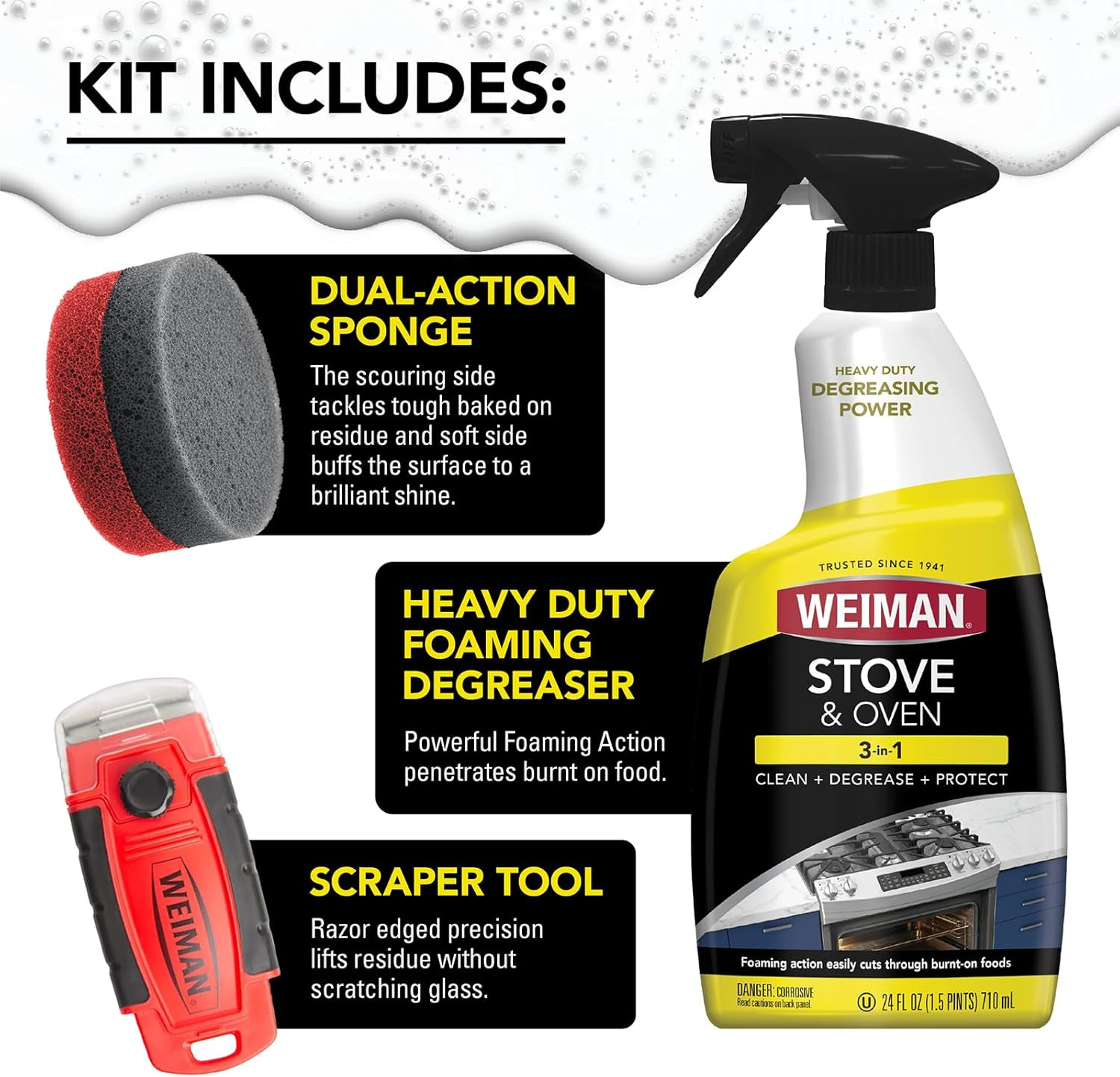 Heavy Duty Stove and Oven Cleaner 3 Piece Total Clean Kit, for Baked on Grease,