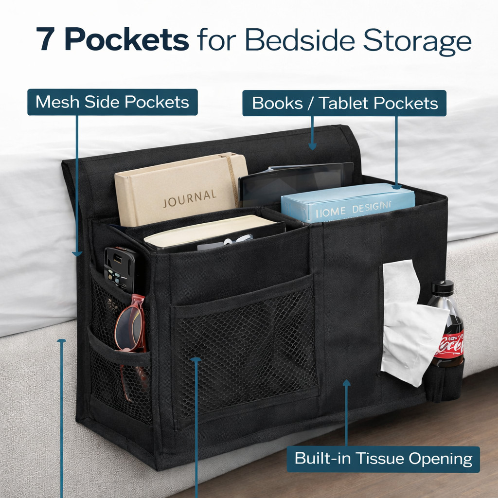 7 Pocket Bedside Caddy Organizer Multi Pocket Black Magazine Rack