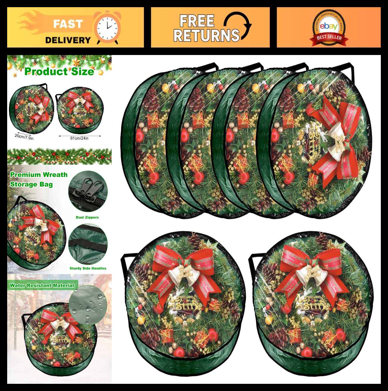 6 Pack Heavy Duty Wreath Storage Bags, 24×8 Inch Xmas Container with Clear Windo