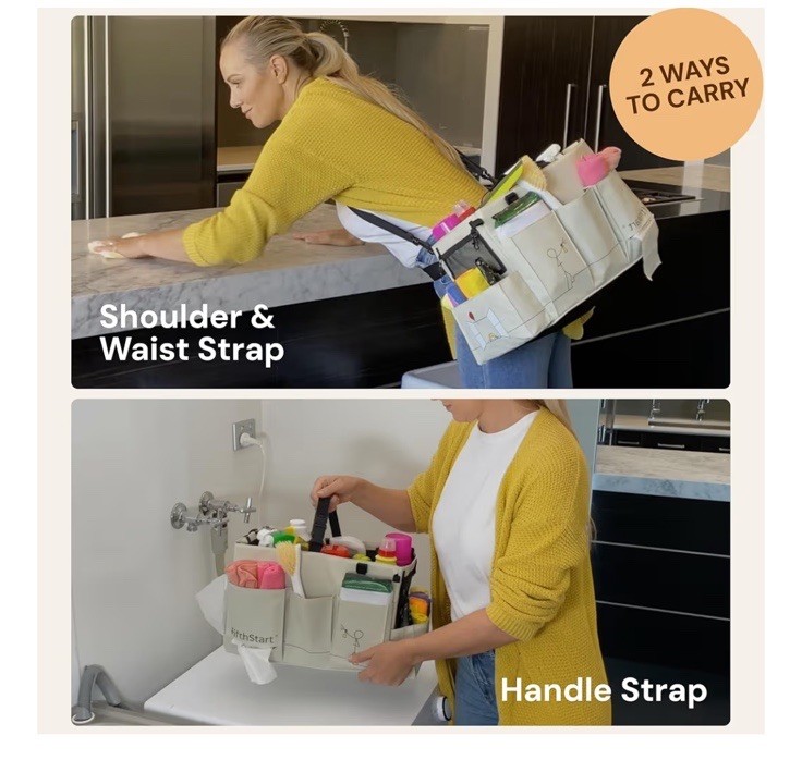 Multiuse Cleaning Caddy with Waist & Shoulder Strap,9 Pockets Beige Large Bag