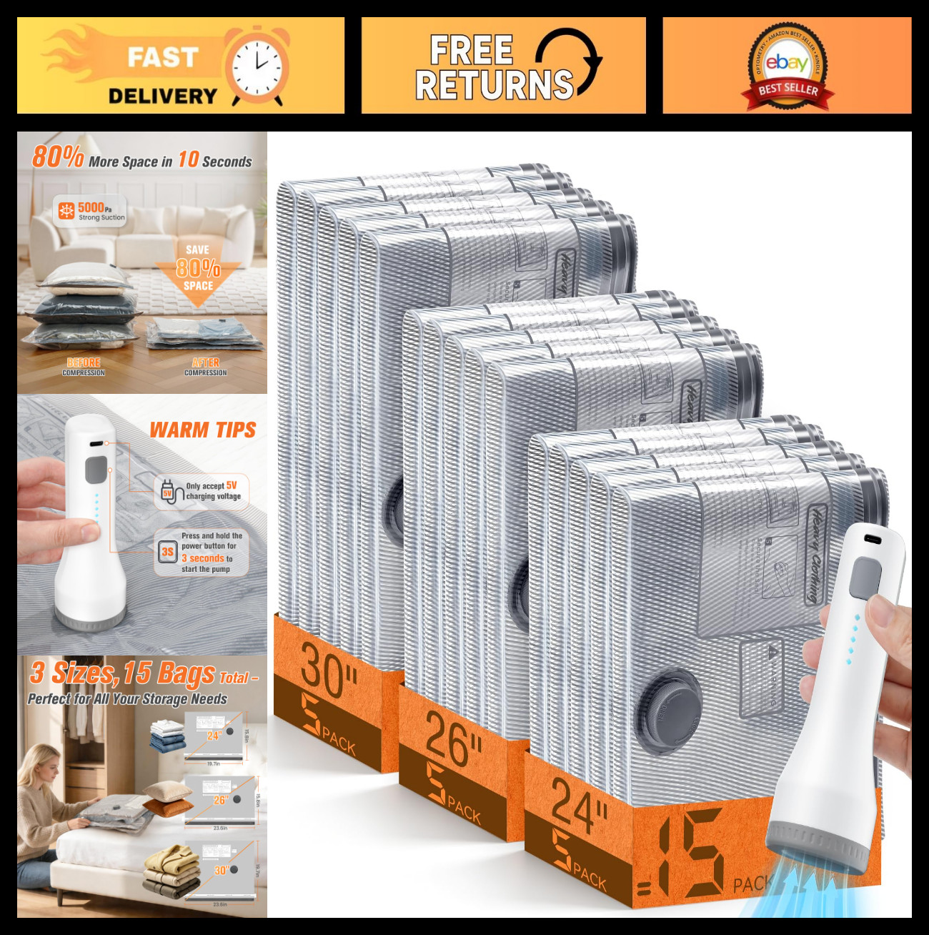 15 Pack Vacuum Storage Bags with Pump, Space Saver Compression Bags for Travel