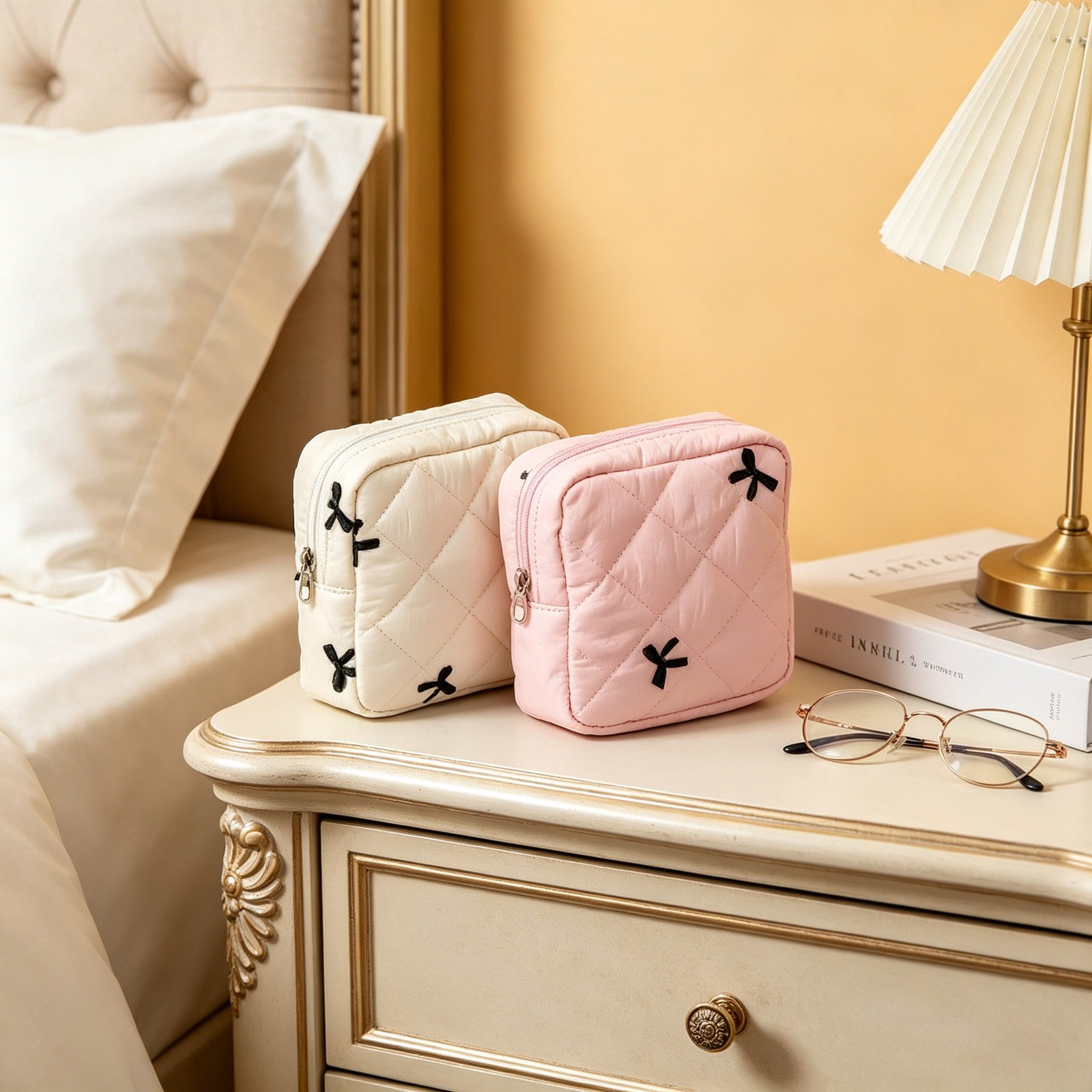 2-Pack Cute Bow Embroidery Sanitary Napkin Bags, Multi-Purpose Storage