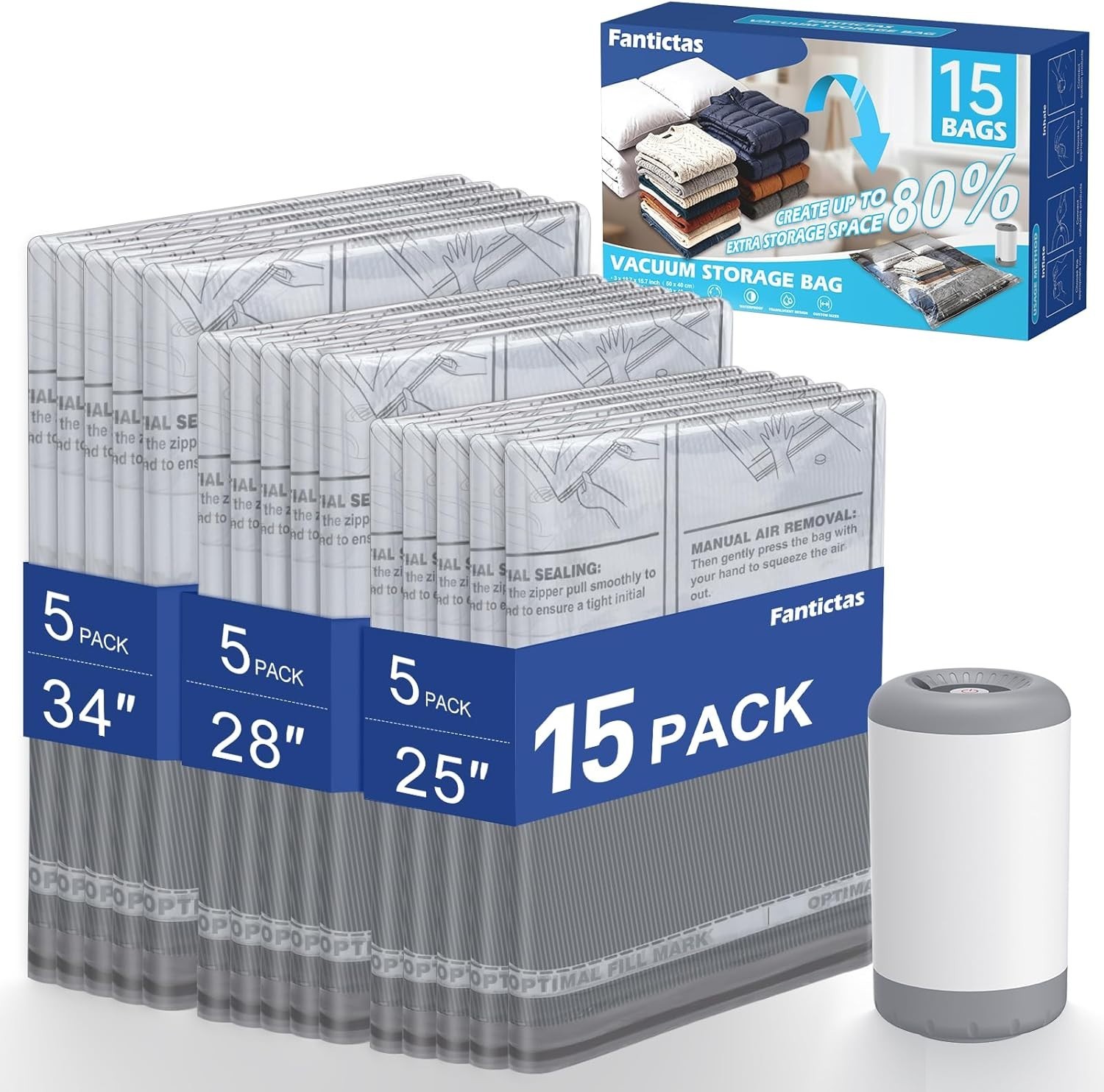 Travel Vacuum Storage Bags with Rechargeable Air Pump, 15 Pack Portable Space…