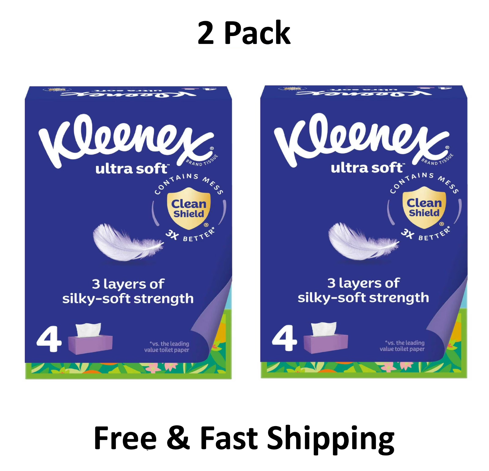 Kleenex Ultra Soft Facial Tissues, 4 Flat Boxes, 120 Tissues per Box, 3-Ply( 2Pk