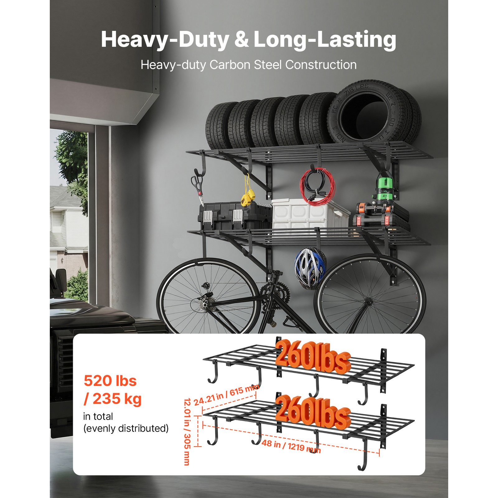 Uimoso 2 x 4 ft Wall-Mounted Garage Shelving, 520 lbs Capacity for Storage