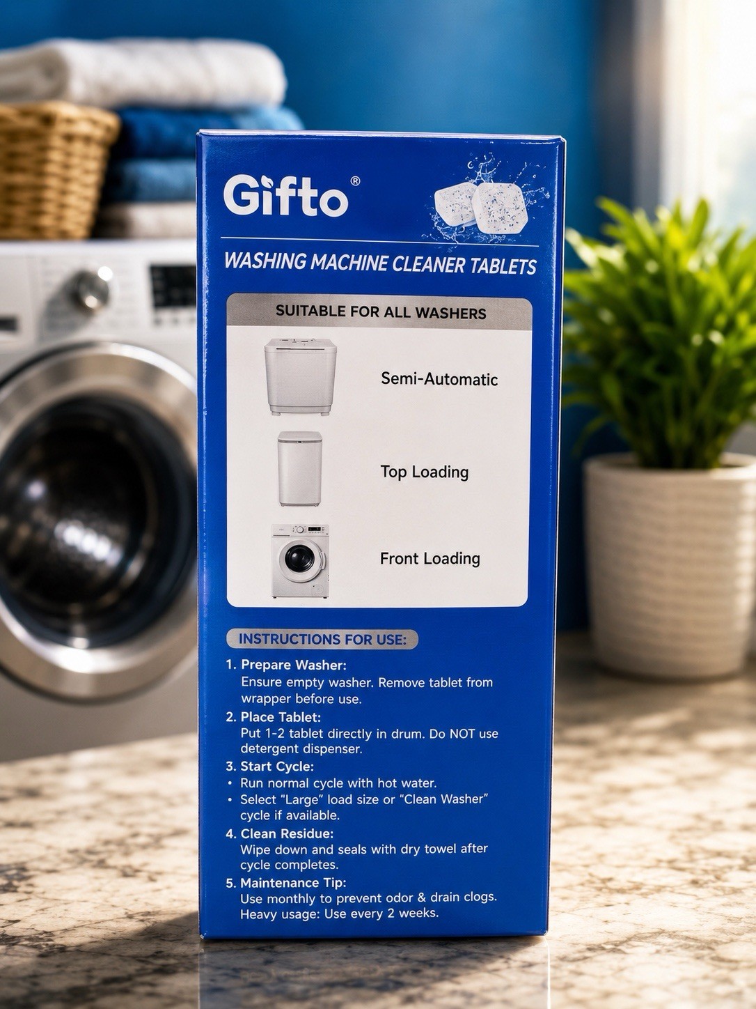 Giffo Washing Machine Cleaner Tablets 15 Count Bleach-Free HE Septic Safe
