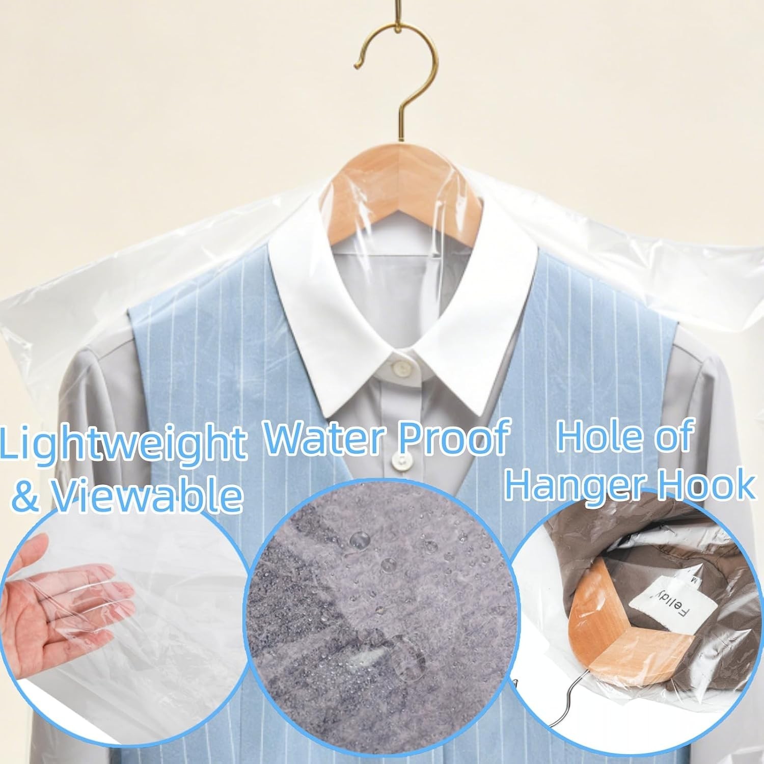50 Pack Clear Plastic Garment Bags Hanging Clothes Dust Cover Storage 23×35
