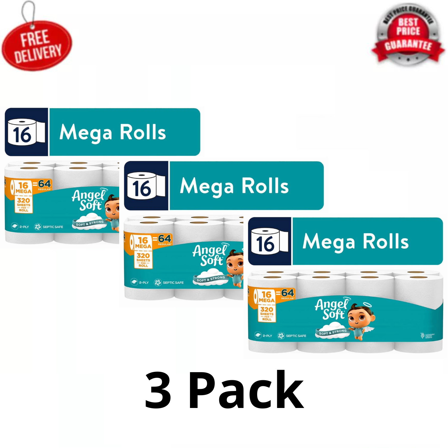 (3 Pack) Angel Soft 2-Ply Toilet Paper, 16 Mega Rolls, 320 Sheets Per Roll