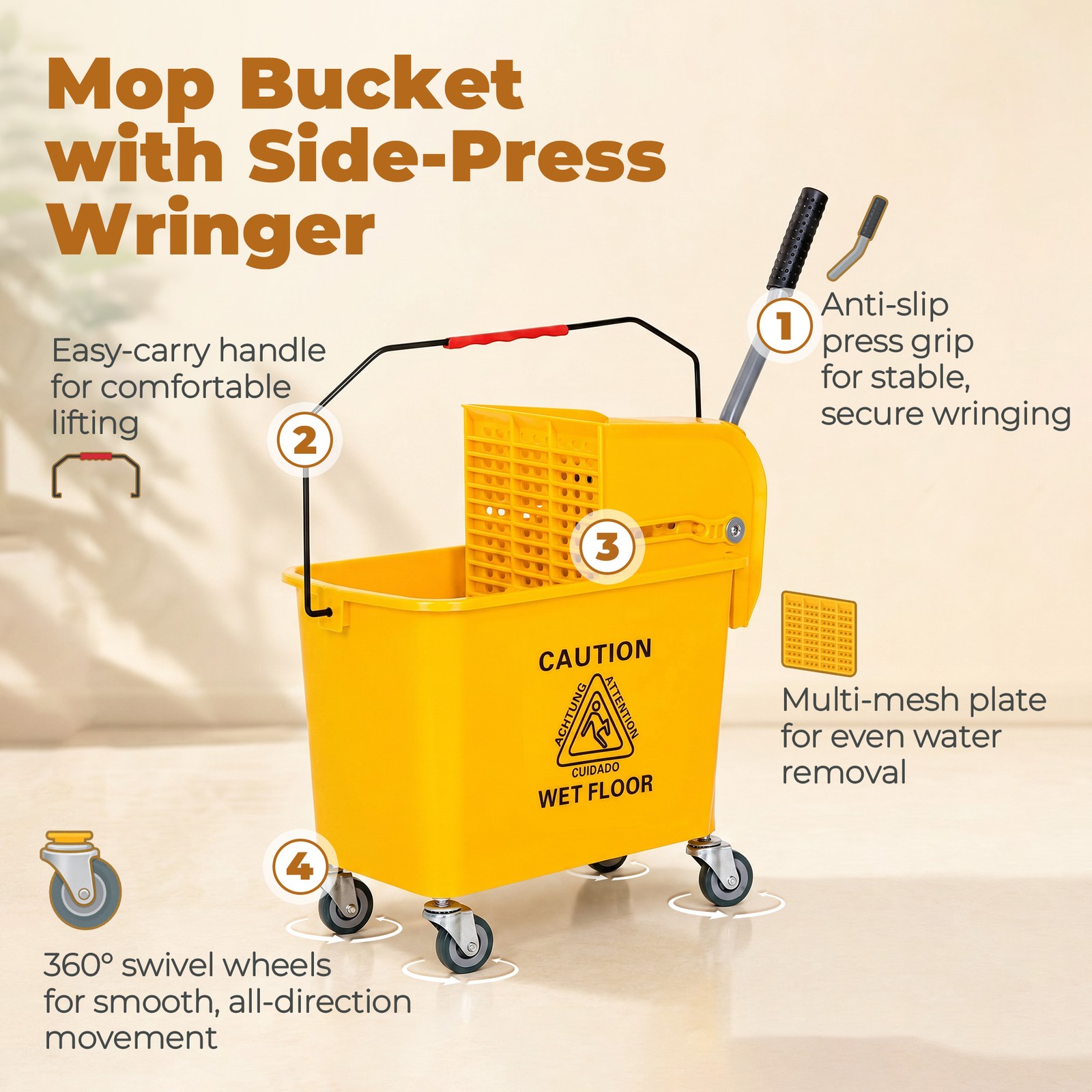 Compact Mop Bucket with Wringer on Wheels 21 Quart Yellow