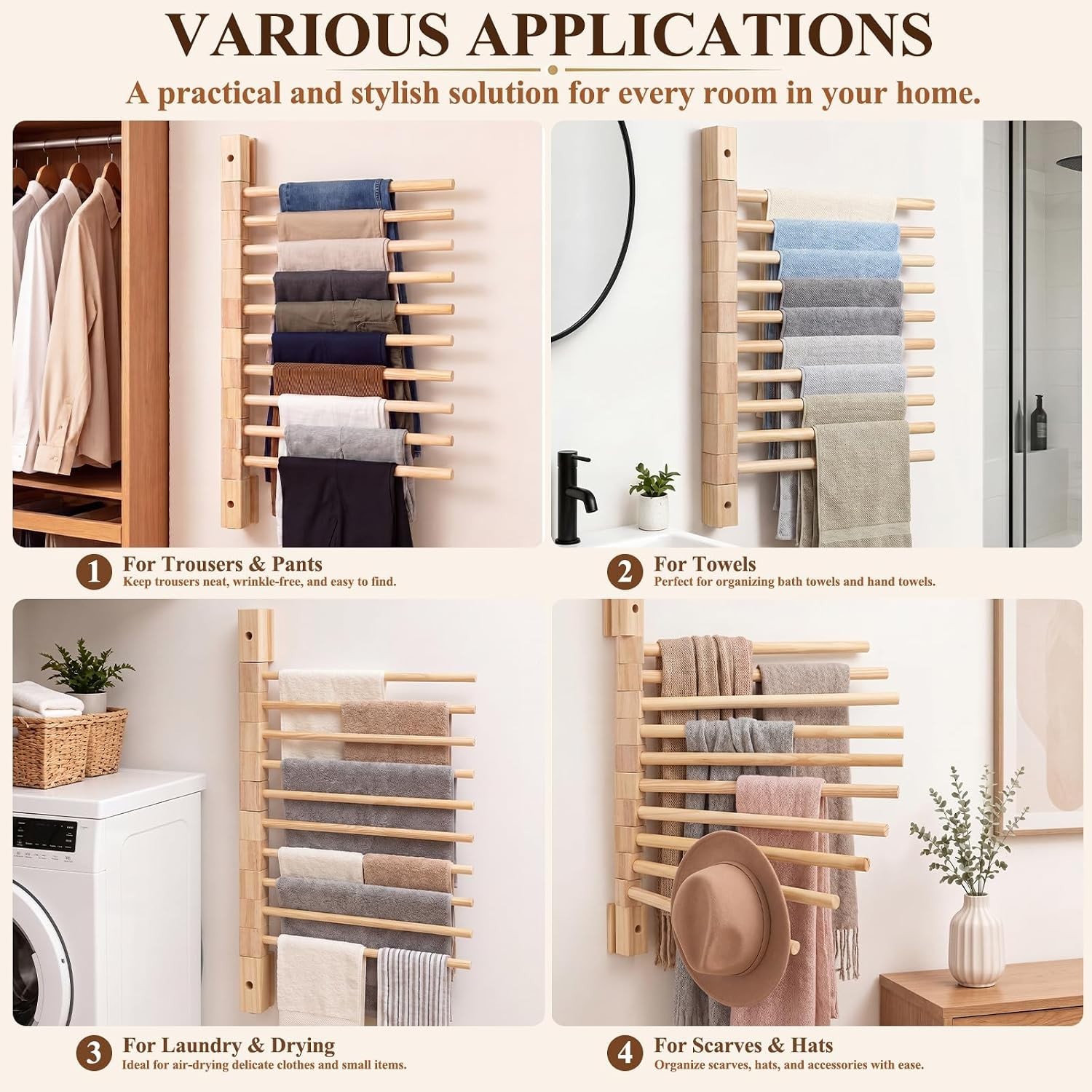 Wall Mounted Wooden Trouser Rack 10-Rod 13.8In Wooden Poles Hanging Organizer