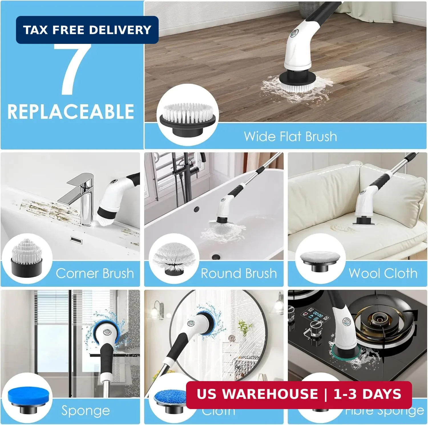 Electric Spin Scrubber, Cordless Cleaning Brush with 180 Min Runtime, 3-Speed, 7
