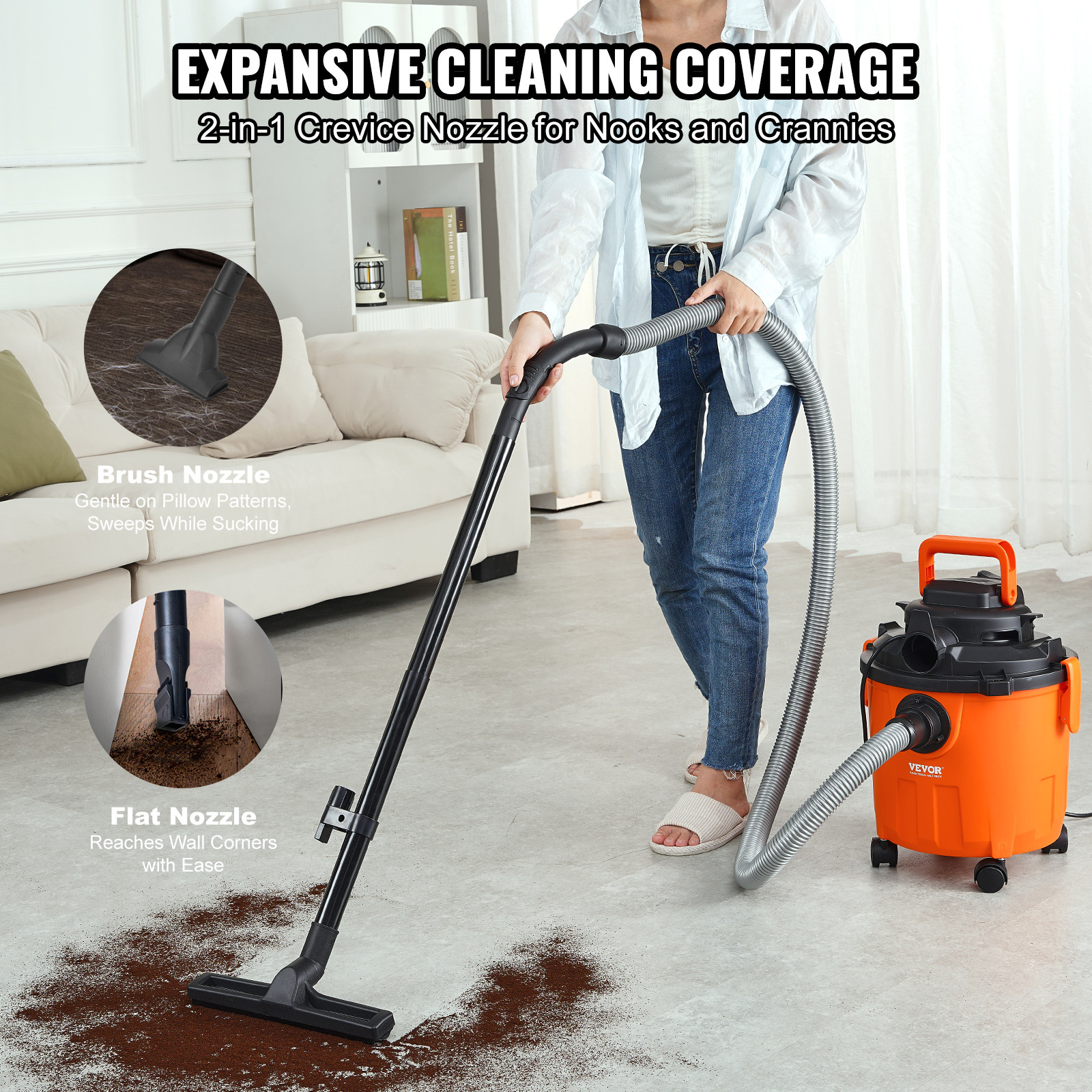 VEVOR Wet/Dry Shop Vacuum 5 Gallon 6-HP with Accessories 2-in-1 Crevice Nozzle