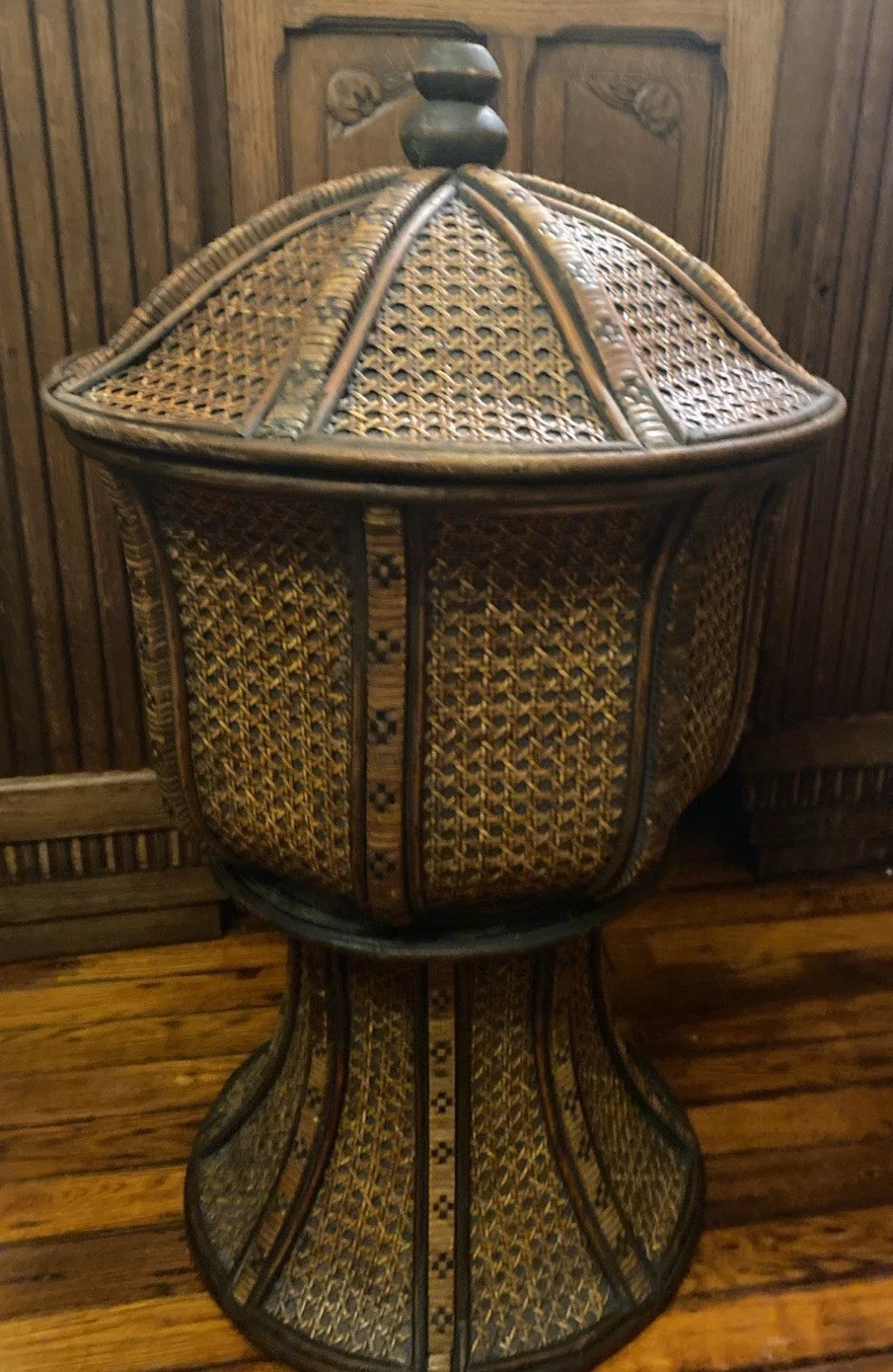Chinese Tinalik Basket Storage Container Intricate Woven Rattan 31″ T 17″ D