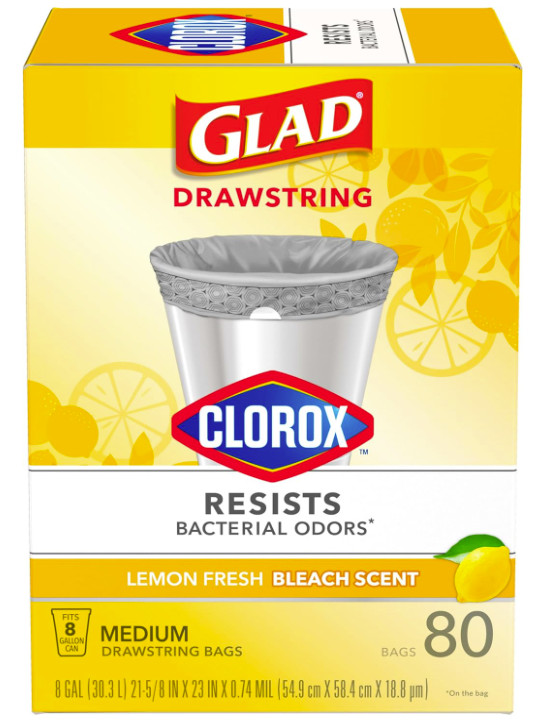 Glad Medium Drawstring Trash Bags with Clorox, 8 Gallon, Lemon Fresh Bleach 80CT