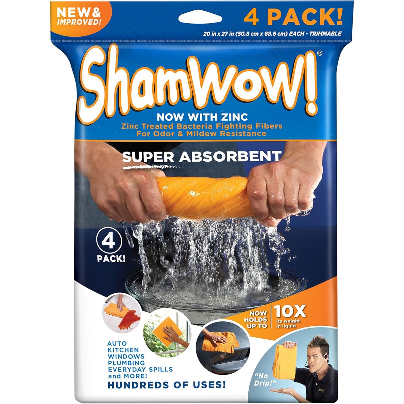 4pk Shammy Towel 20×27 Inch Super Absorbent Multi-Purpose Lint-Free Orange