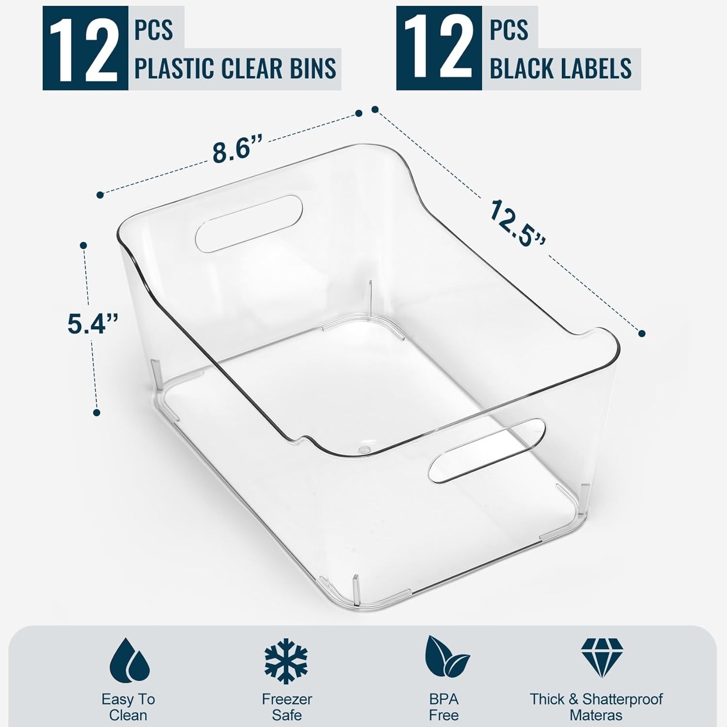 Landneoo XL Storage Bins Clear Thick Plastic Shatterproof w/ Labels (12-Pk)