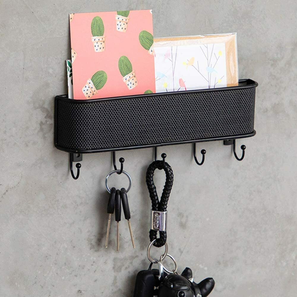 Wall-Mounted Key Holder & Mail Organizer with 5 Hooks – Entryway Storage & Decor