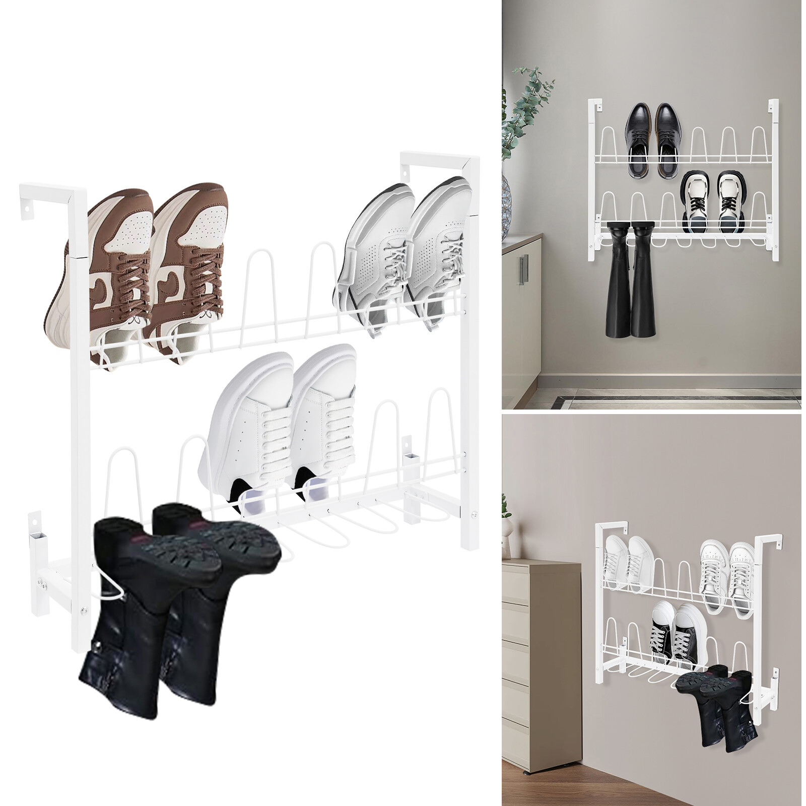3 Tier Wall Mounted Shoe Rack, White Metal Wire Boot Rack Hanging Shoe Organizer