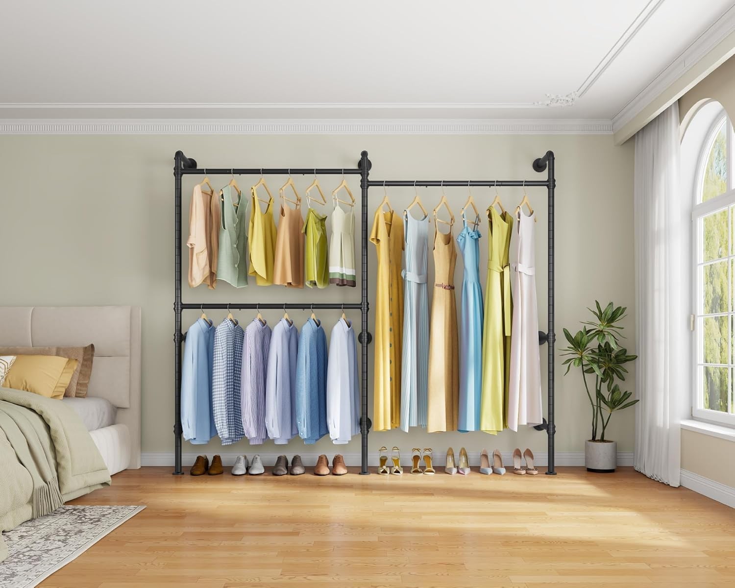 Industrial Pipe Clothes Rack Wall Mounted Open Closet System with 3 Hanging Rods